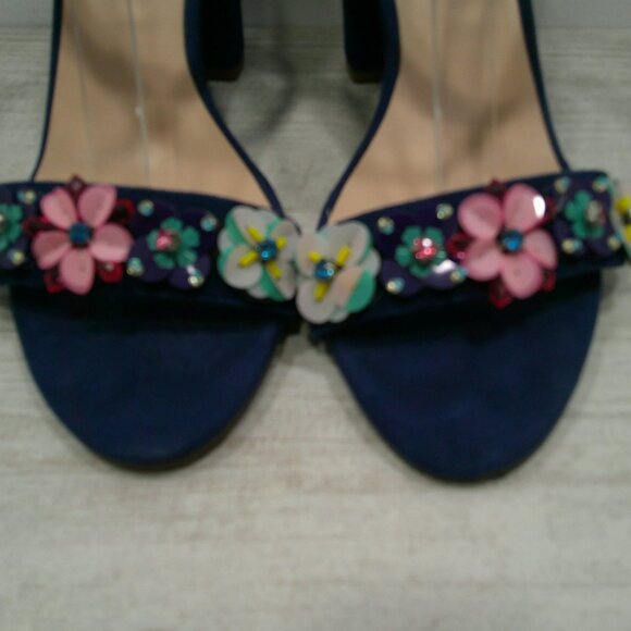 BP Navy Suede High Block Heels with Floral Embellishments Size 10 M - Picture 5 of 15